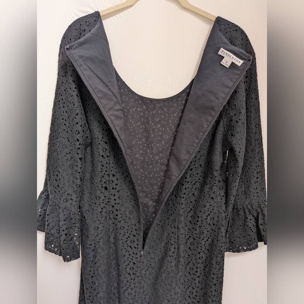 Pendleton Black Floral Lace Eyelet Bell Sleeve Shift Dress Size 12 - Picture 12 of 14